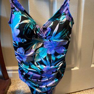Trimshaper Purple/Aqua Floral One Piece Swimsuit Size 14